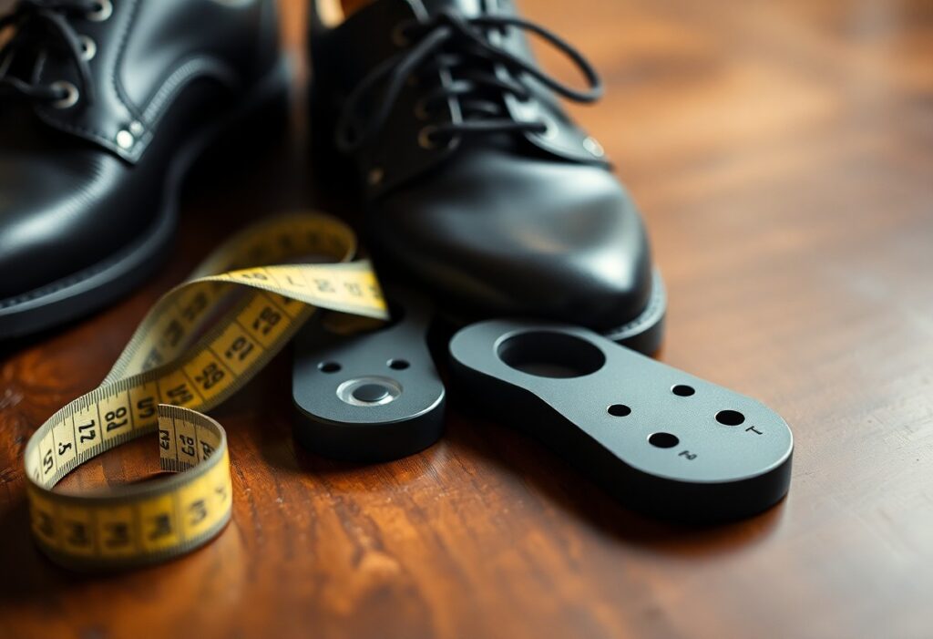 A pair of black leather shoes on a wooden surface, accompanied by a yellow measuring tape and two black shoe sizing templates with holes.