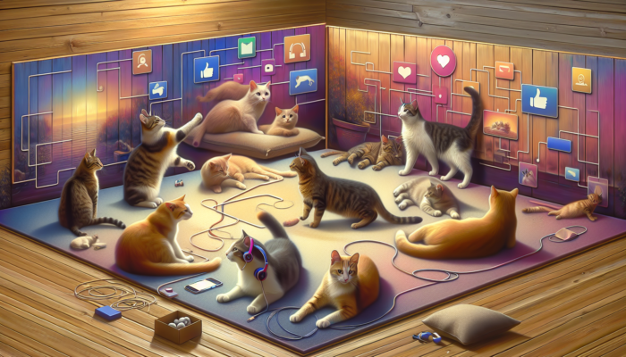 A colorful digital illustration of cats in a cozy online community with a 'Join Our Feline Community on Facebook' banner.