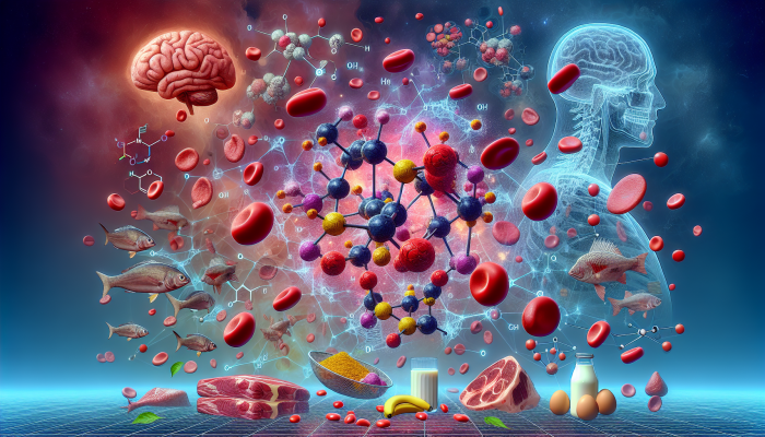 Illustration of Vitamin B12 molecules with brain, nervous system, red blood cells, and UK animal products, focusing on Ilkeston's diet.