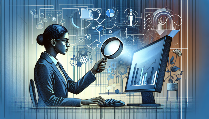A professional evaluating Google PPC campaign statistics on a computer with charts and graphs in a modern office setting.