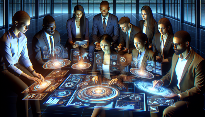 A digital illustration depicting a certified Google PPC agency team utilizing Google Ads tools and participating in training sessions.