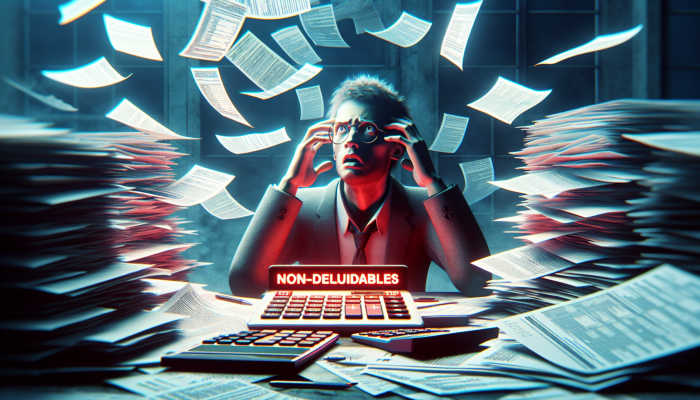 Are Debt Consolidation Fees Tax-Deductible: A Guide | DCL Individual looking confused amidst scattered documents and calculators, with a tax form highlighting non-deductible fees in red.