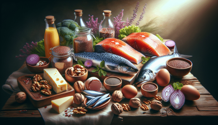 A variety of omega-3 sources including salmon, mackerel, sardines, flaxseeds, chia seeds, walnuts, omega-3 fortified eggs, dairy, juice, and algal oil capsules on a rustic table.