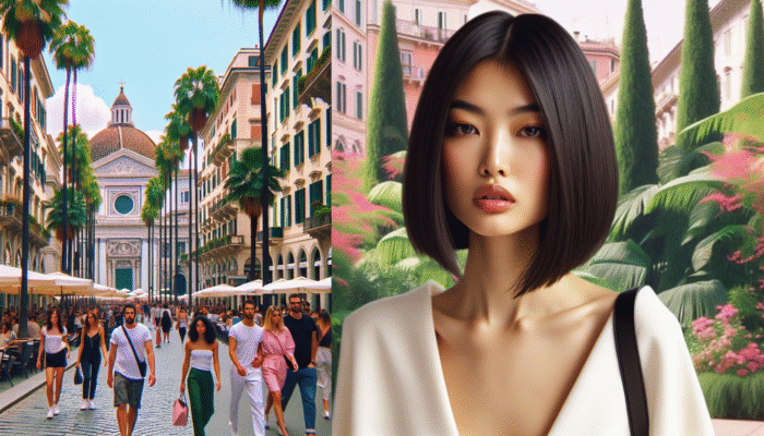 Woman with a sleek A-line bob, showcasing shorter back and longer front, styled for settings in LA and Milan.