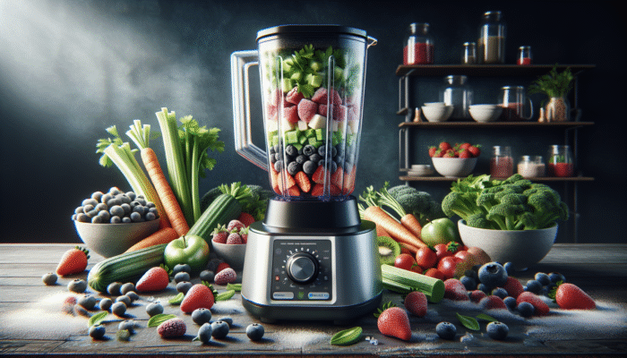 High-quality blender efficiently processing whole foods, promoting wholesome nutrition with a vibrant array of colorful ingredients.