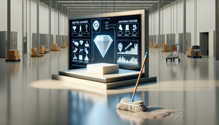 Industrial diamond tools and low-moisture scrubbers gently treating stone, creating a long-lasting shine, in comparison to a basic supermarket mop.