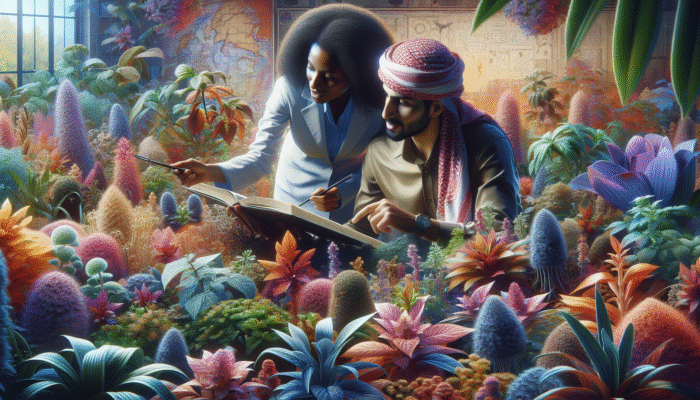 A person and botanist exploring a botanical garden, uncovering rare herbs.