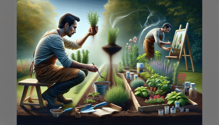 Gardener working on soil preparation for rare herbs, testing pH and nutrients, using compost and perlite.