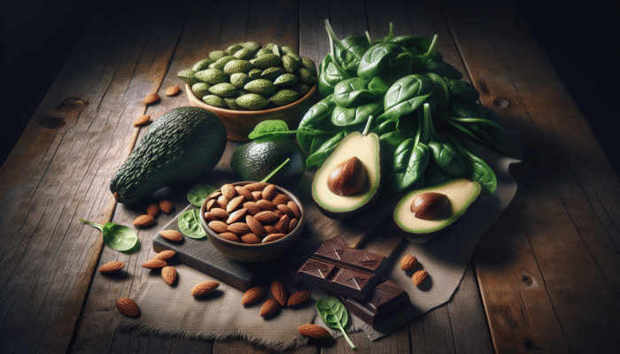 A still life of magnesium-rich foods including almonds, spinach, avocados, and dark chocolate on a rustic wooden table.