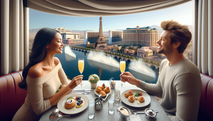 A couple enjoying a romantic brunch with mimosas and French pastries at the Eiffel Tower Restaurant, overlooking the Bellagio fountains.