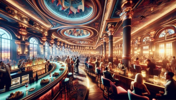 A lively Las Vegas casino bar scene at night, featuring the luxurious interiors of Bellagio, Caesars Palace, and The Venetian, where patrons enjoy cocktails amidst stunning decor and vibrant entertainment.
