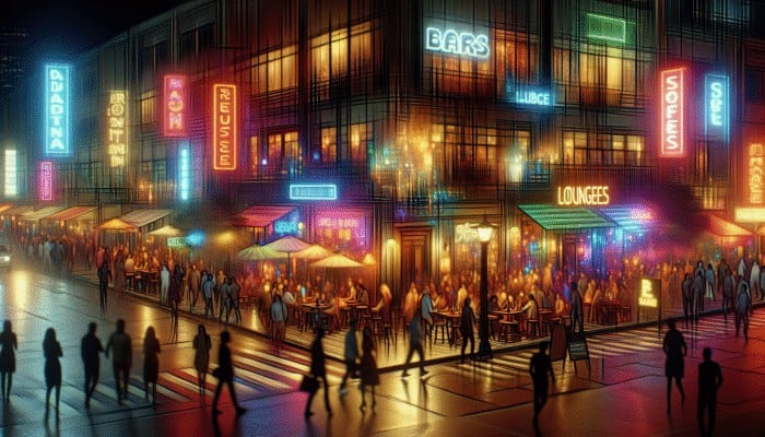 A lively city street at night featuring diverse themed bars and lounges, bright neon signs, and energetic patrons.