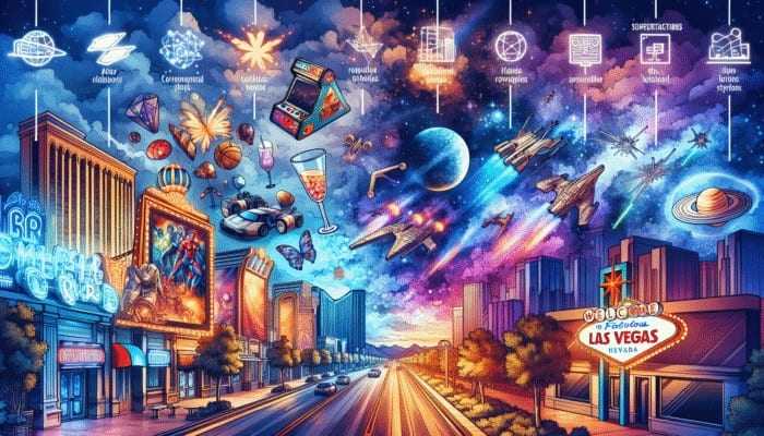 A Las Vegas night scene showcasing fantasy and sci-fi themed bars, including comic, video game, and Star Wars themes.