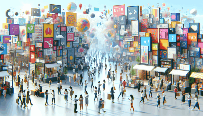 A vibrant digital marketplace displaying packages, with strategic banners and mobile users engaging in purchases.