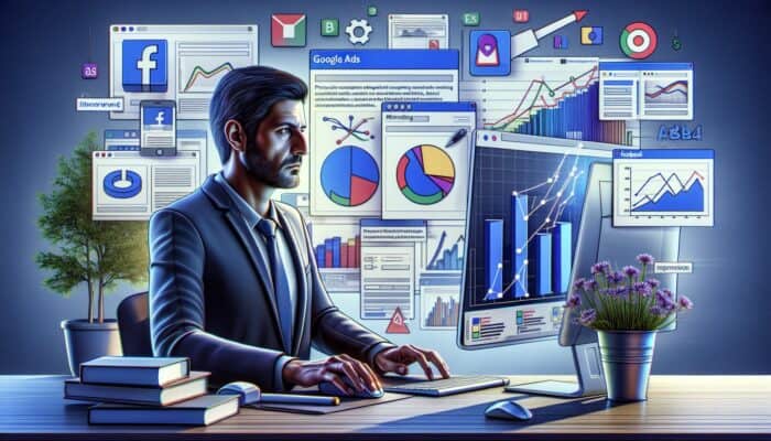 Marketer diligently setting up A/B test on computer, focusing on Google Ads and Facebook Ads interfaces alongside result graphs.