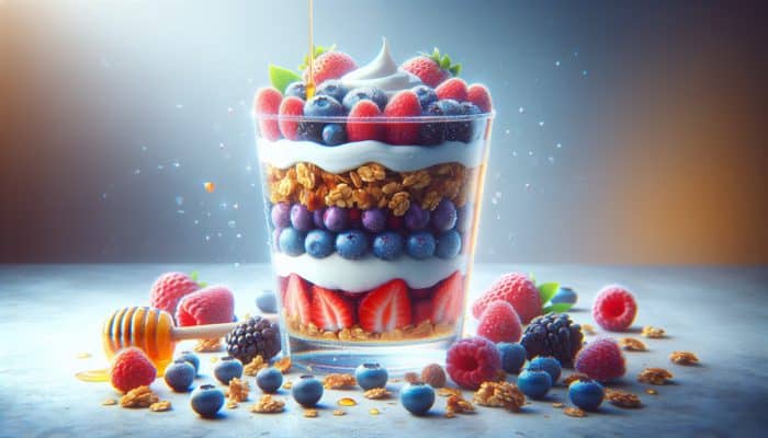 Greek yogurt parfait with granola, berries, and honey in a clear glass.
