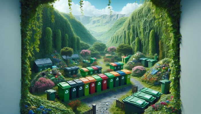Green Disposal Options for UK Clearances: Illustration of sustainable practices including recycling, composting, and safe hazardous waste disposal in eco-friendly landscapes.