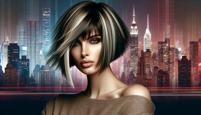 Woman with an asymmetrical bob haircut, one side longer, bold and edgy, urban backdrop.