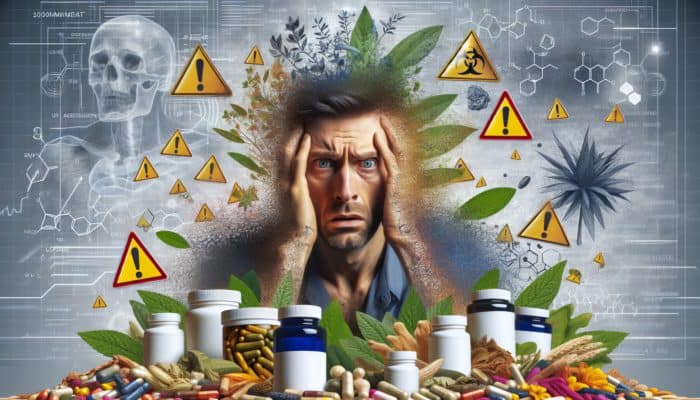 Person surrounded by adaptogenic herbs, looking stressed, with warning signs in the background.