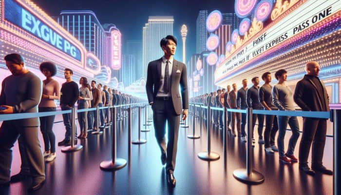 Person using express pass to bypass queue at Las Vegas attraction illuminated by neon lights.