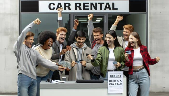 Diverse students celebrating at a car rental office, using debit cards and cash for vehicle rentals, symbolizing inclusivity.