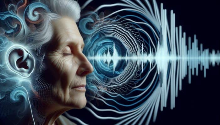 Elderly woman with a serene expression amidst abstract sound waves, illustrating cochlear cell deterioration from sensorineural hearing loss.