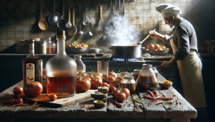 A chef stirring a pot of rich BBQ sauce infused with bourbon, tomatoes, and spices on a rustic kitchen table.