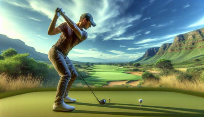 Golfer at Arabella Golf Club aligning body parallel to target line, adjusting stance against wind.