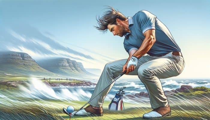 Golfer at Simola Golf Club adjusting to coastal winds, lowering stance and widening feet for balance, positioning ball back for headwind control.