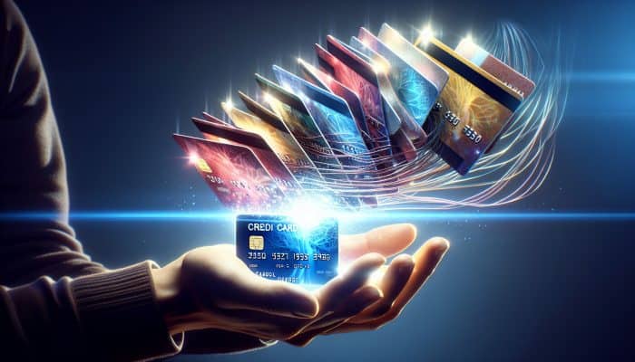 Person juggling high-interest cards, transferring balances to a single new card for debt consolidation.