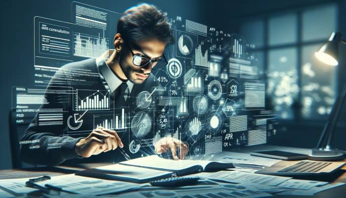 Person analyzing financial documents with charts, focusing on APR and fees in a modern office.