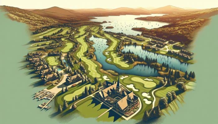 Aerial view of Goose Valley Golf Club's unique layout with water features, green fairways, and serene hills and lake.