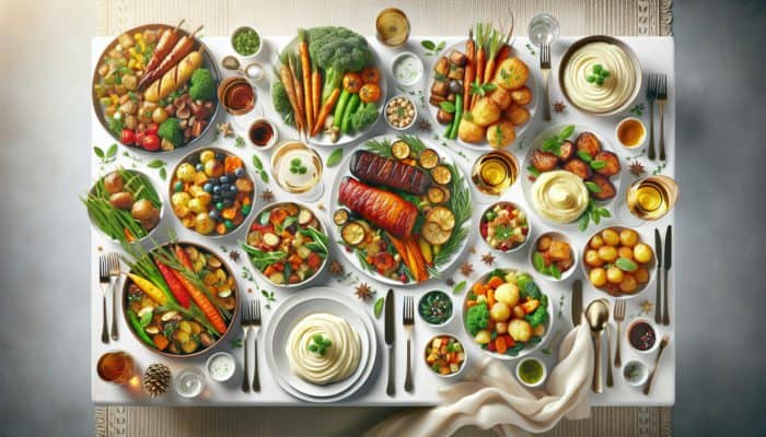 A festive table with dishes showing contrasting flavors and textures: sweet vegetables, savory meats, creamy potatoes, crispy carrots, warm and cool options.