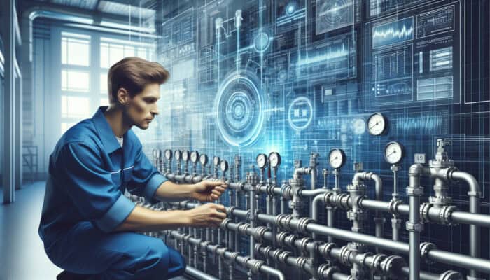A plumber in blue uniform testing backflow devices in an industrial setting with pipes and gauges.