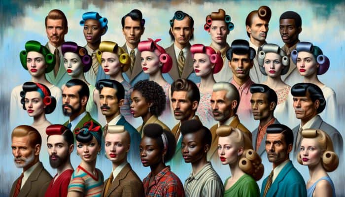 A diverse group showcasing vintage hairstyles like victory rolls, beehives, and finger waves, blending retro with modern fashion.