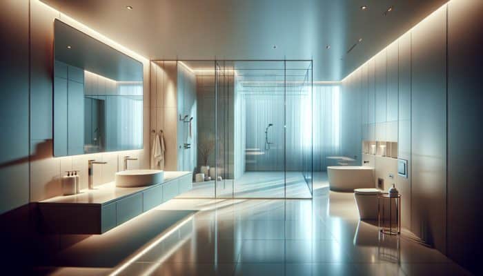 Sleek, modern bathroom with minimalist sink, glass-walled shower, and ambient lighting.