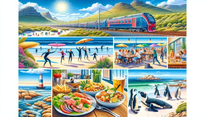 Coastal scene in False Bay featuring surfers, seafood dining, scenic train rides, and penguins under sunny weather.