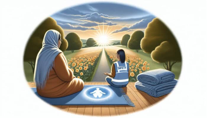 A serene UK countryside scene with a safety expert discussing bereavement support, surrounded by symbolic elements.