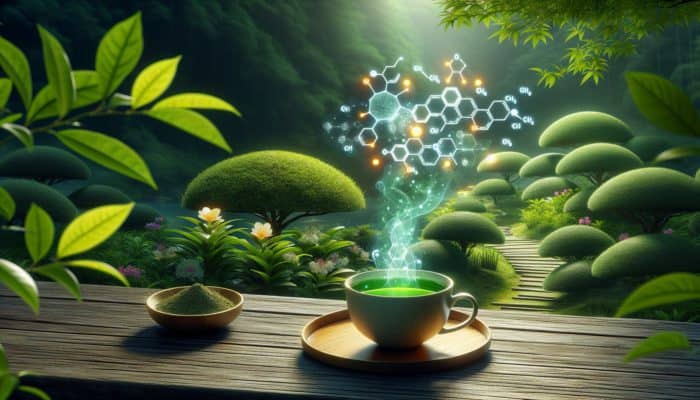 Boosting Metabolism With Green Tea: A steaming cup of green tea on a wooden table in a serene Japanese garden, surrounded by vibrant green tea plants with glowing catechins and caffeine molecules floating above, symbolizing metabolism boost.