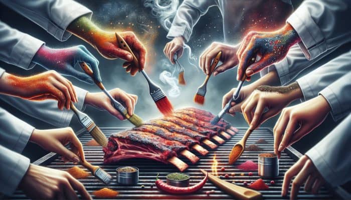 Competition ribs seasoned with colourful rubs by BBQ experts, with smoke and grilling tools in the background.