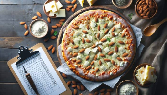 Low-carb pizza dough with almond flour and mozzarella, topped with herbs and cheese blend on a rustic wooden table.