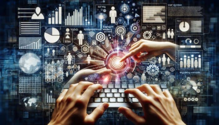 Digital interface showing user feedback data, keyboard, and icons for surveys and social media, symbolizing improvement.