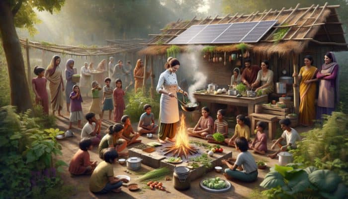 A chef teaching outdoor cooking over an open fire with local ingredients in a sustainable setting.