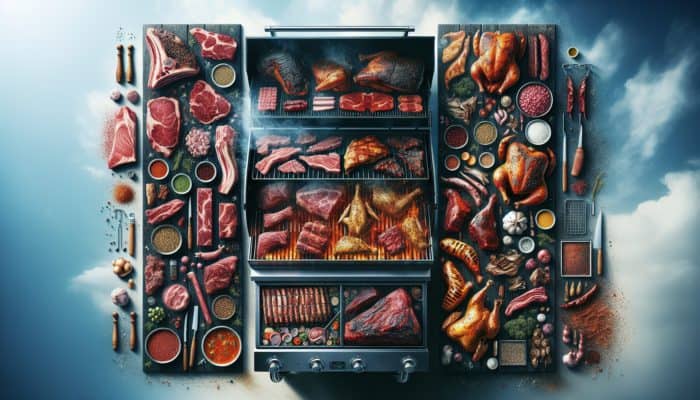 BBQ setup with meats being smoked, marinated, coated in dry rubs, brined, cooking low and slow over a wood-fired grill, enhancing flavors with a rich, smoky aroma.