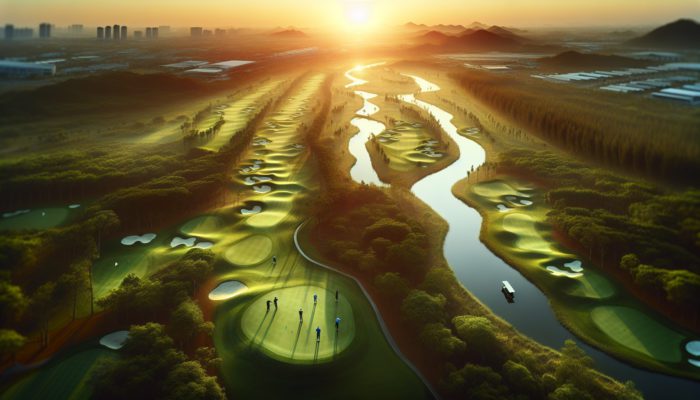 Aerial view of Pongola Golf Club at sunset, with expert golfers analyzing the course's unique features.