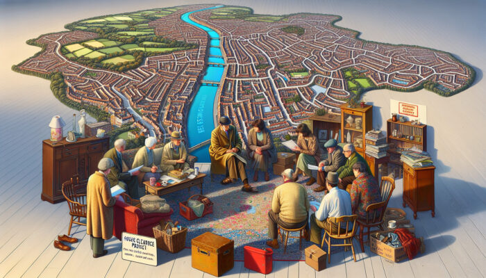 A map of Exeter with highlighted areas, local experts discussing house clearance amidst vintage furniture and clutter.
