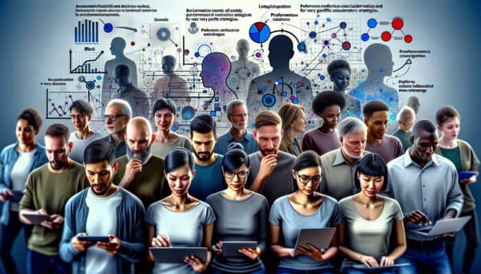 A diverse group using digital devices, surrounded by graphs analyzing their behaviours for marketing strategies.