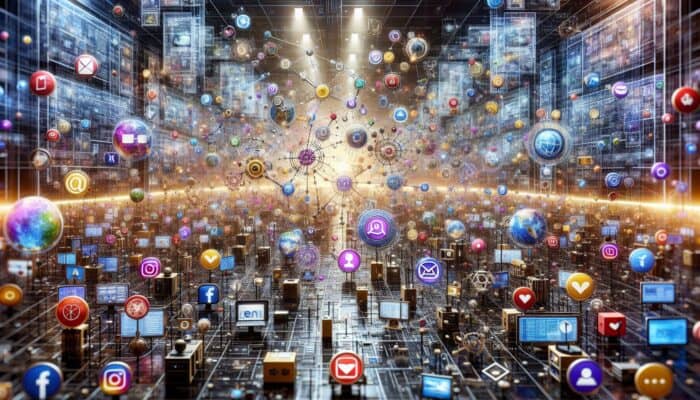 A digital marketing hub showcasing interconnected social media, email, and SEO channels engaging diverse audiences.