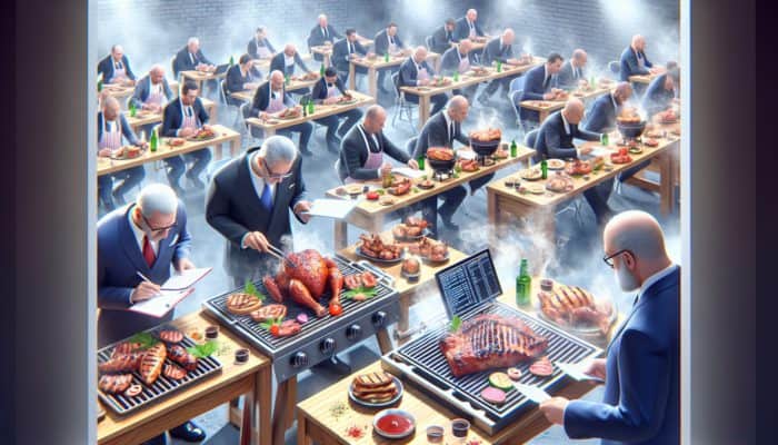 How to Analyse BBQ Competition Feedback: Judges at a BBQ competition evaluating dishes on taste, tenderness, and presentation, giving feedback to competitors.