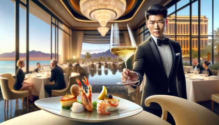 A sommelier in Las Vegas serving a rare Grüner Veltliner from Austria with an elegant seafood dish.